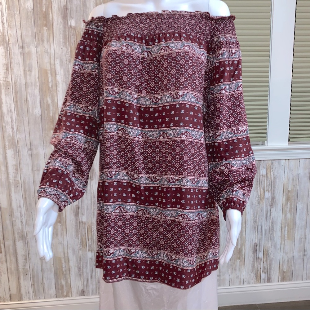 Beautiful Maroon-print/ Boho off-shoulder Tunic